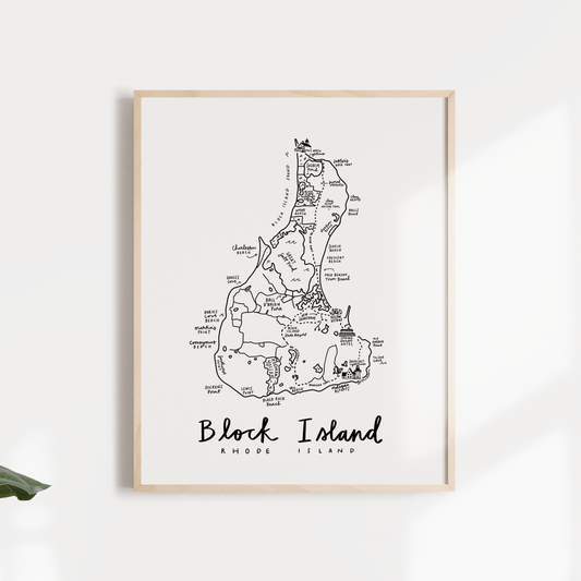 A framed map print of Block Island displayed next to a potted plant, with the map showing the coastal areas and the name 'BLOCK ISLAND' written on it.