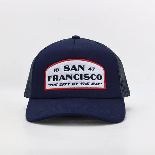 Navy San Francisco trucker hat with embroidered wool patch