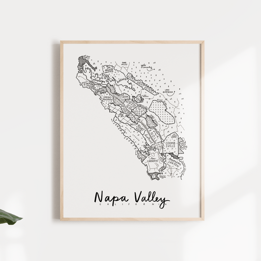 Art print of a hand-illustrated back and white map of Napa Valley, California.