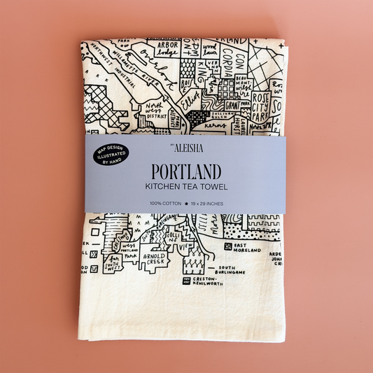 Portland Oregon neighborhood map tea towel with hand-illustrated city streets and landmarks