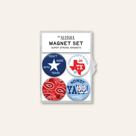 A 4-piece magnet set featuring patriotic Texas-themed designs in red, white, and blue.