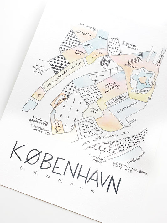 Hand Painted Copenhagen (Kobenhavn) Map