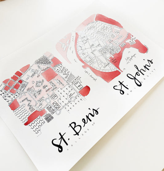 Hand Painted College of Saint Benedict + Saint John's University Joint Campus Map