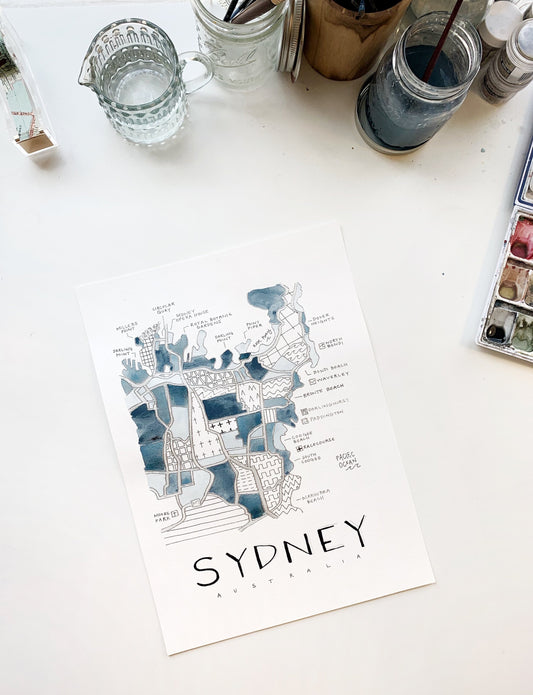 Hand Painted Sydney, Australia Map
