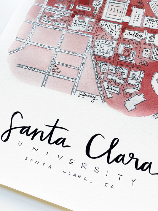 Hand Painted Santa Clara University Campus Map