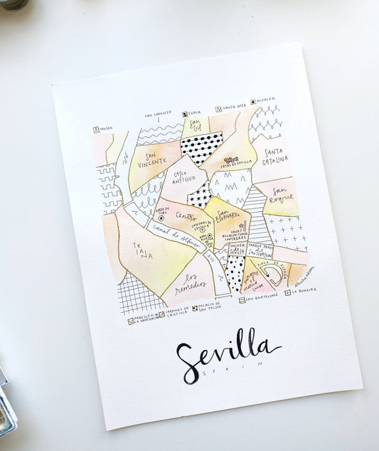 Hand Painted Seville (Sevilla), Spain Map