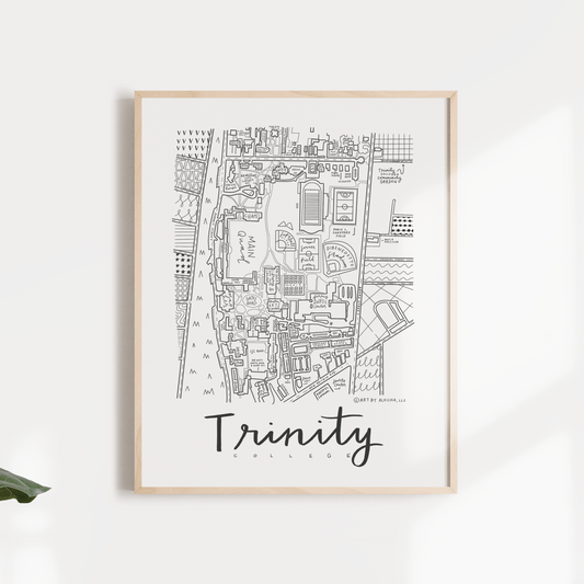 Black and white print of a hand-illustrated map, labeled 'Trinity', displayed in a wooden frame with a white mat, on a wall with foliage around.