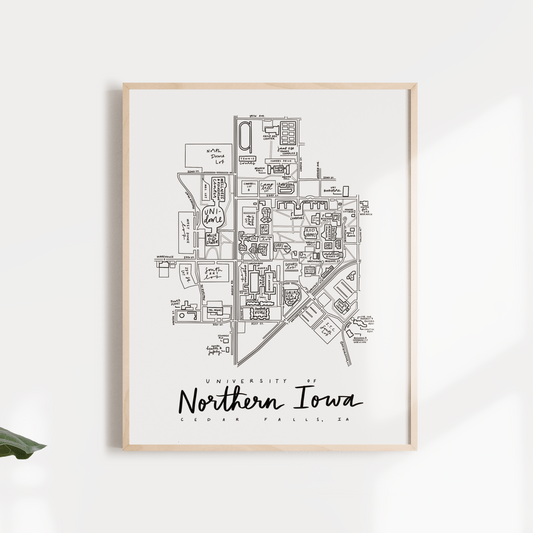 Black and white print of a hand-illustrated map of the University of Northern Iowa campus, framed and labeled as 'Northern Iowa'.