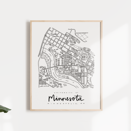 Framed map of Minnesota on a white wall with green leaves.