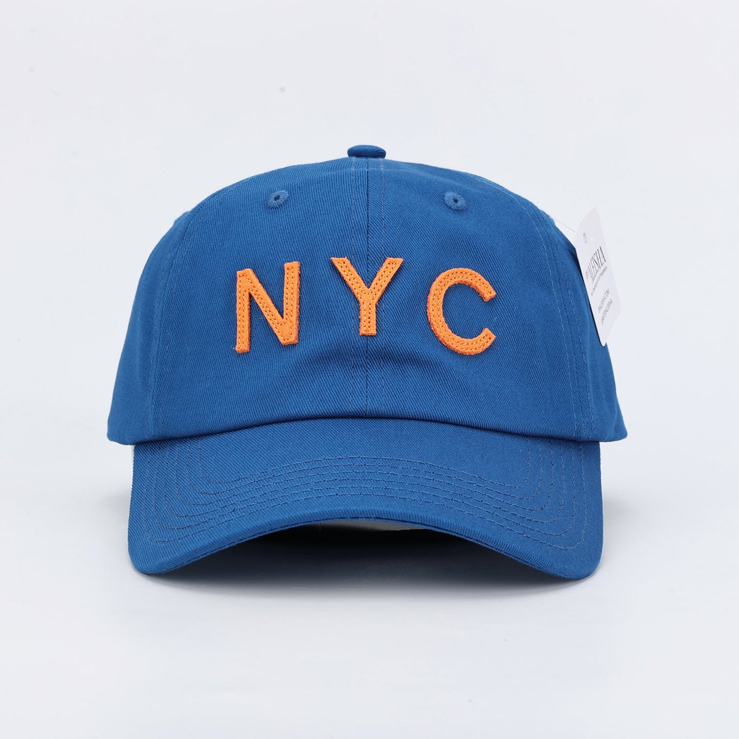 Blue Dad hat with bright orange felt letters