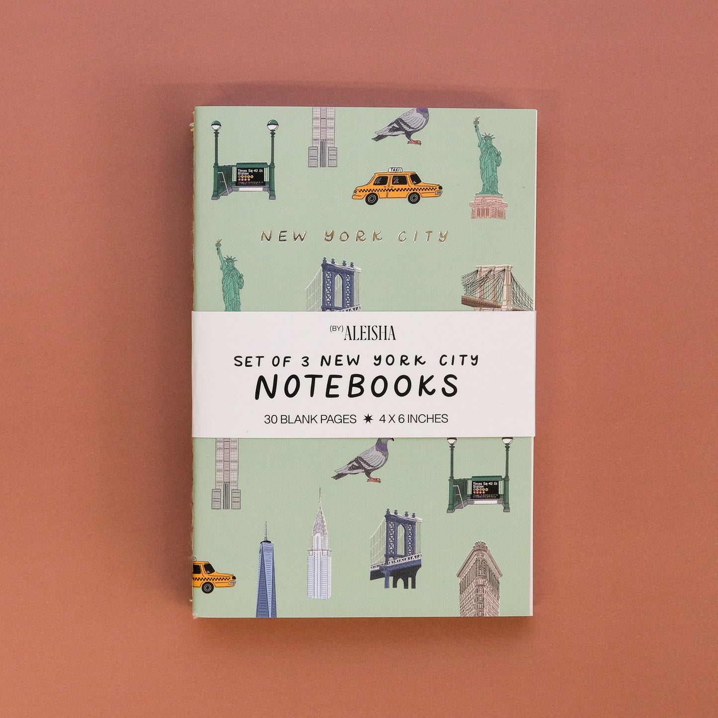 A set of three New York City notebooks by Alisia, featuring a light green cover decorated with illustrations of landmarks and taxis, wrapped in a white paper band.