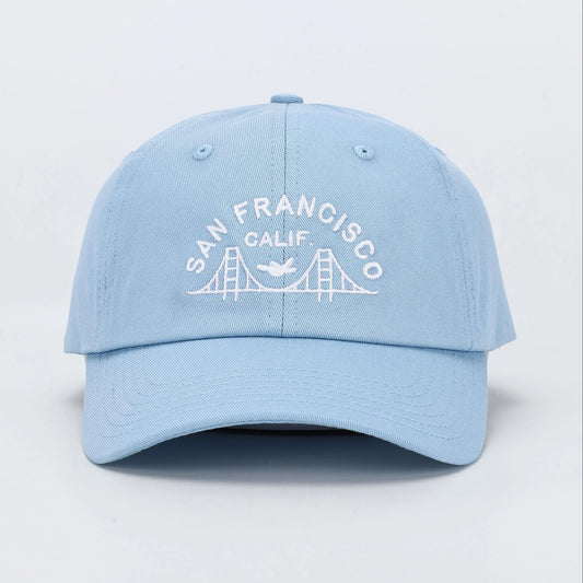 San Francisco dad hat with embroidered Golden Gate Bridge design