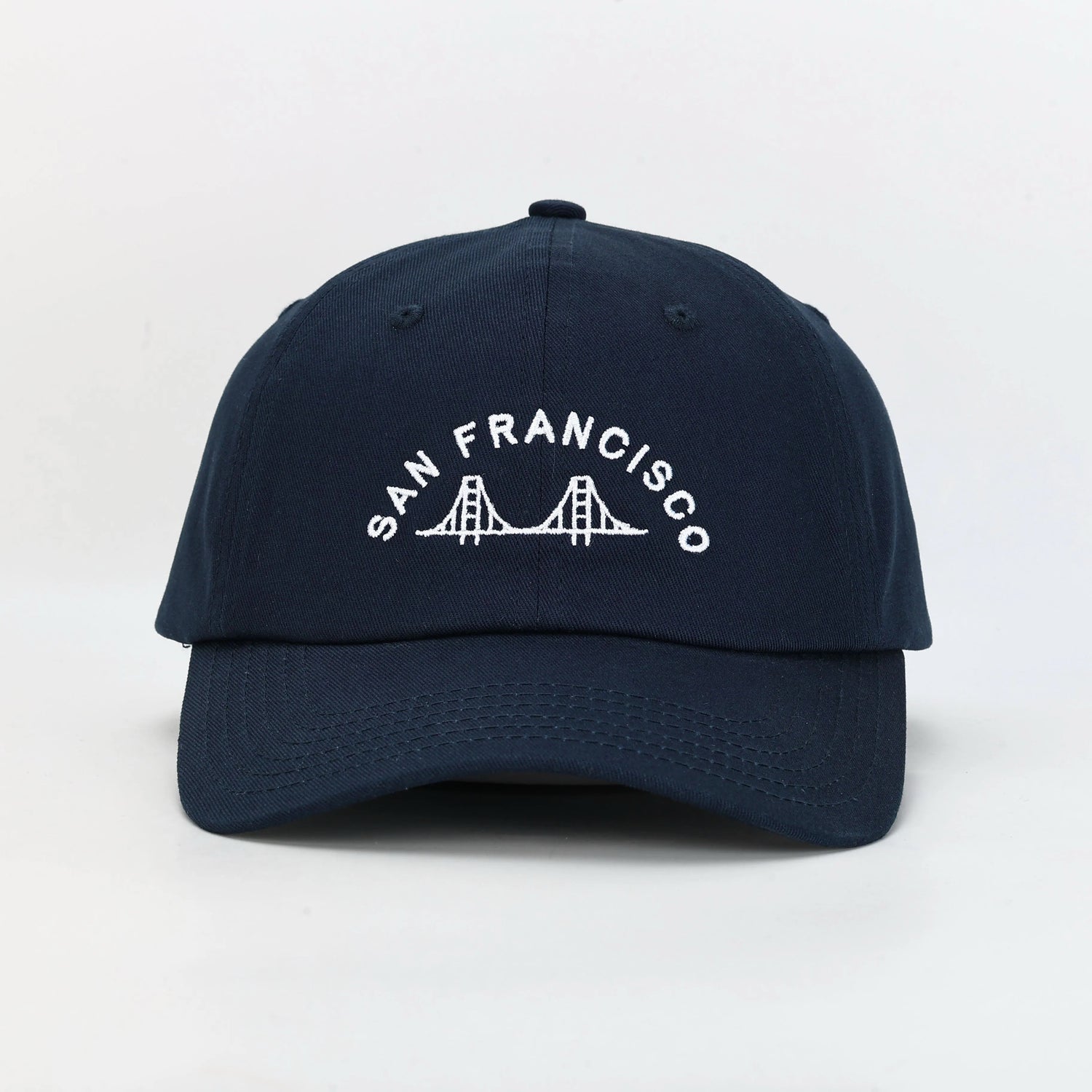 San Francisco dad hat with embroidered Golden Gate Bridge design