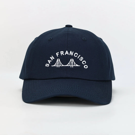 San Francisco dad hat with embroidered Golden Gate Bridge design