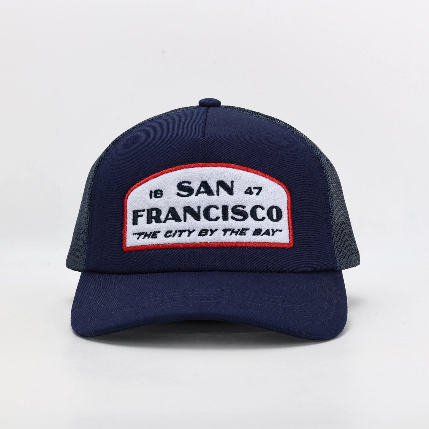 Navy San Francisco trucker hat with embroidered wool patch