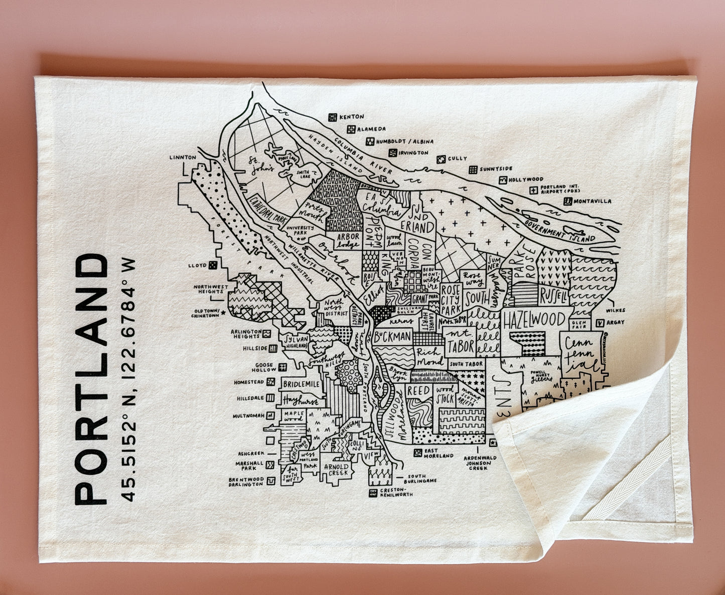 Hand-illustrated Portland Oregon city map tea towel for kitchen decor and gifts