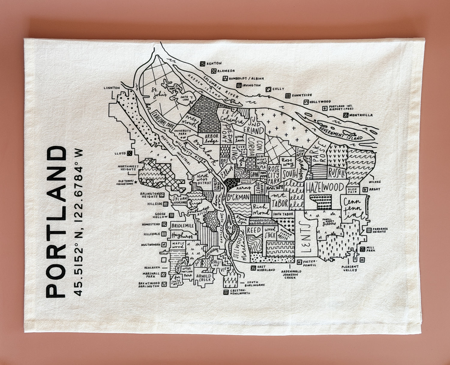 Portland Oregon neighborhood map dish towel illustrated by a local artist