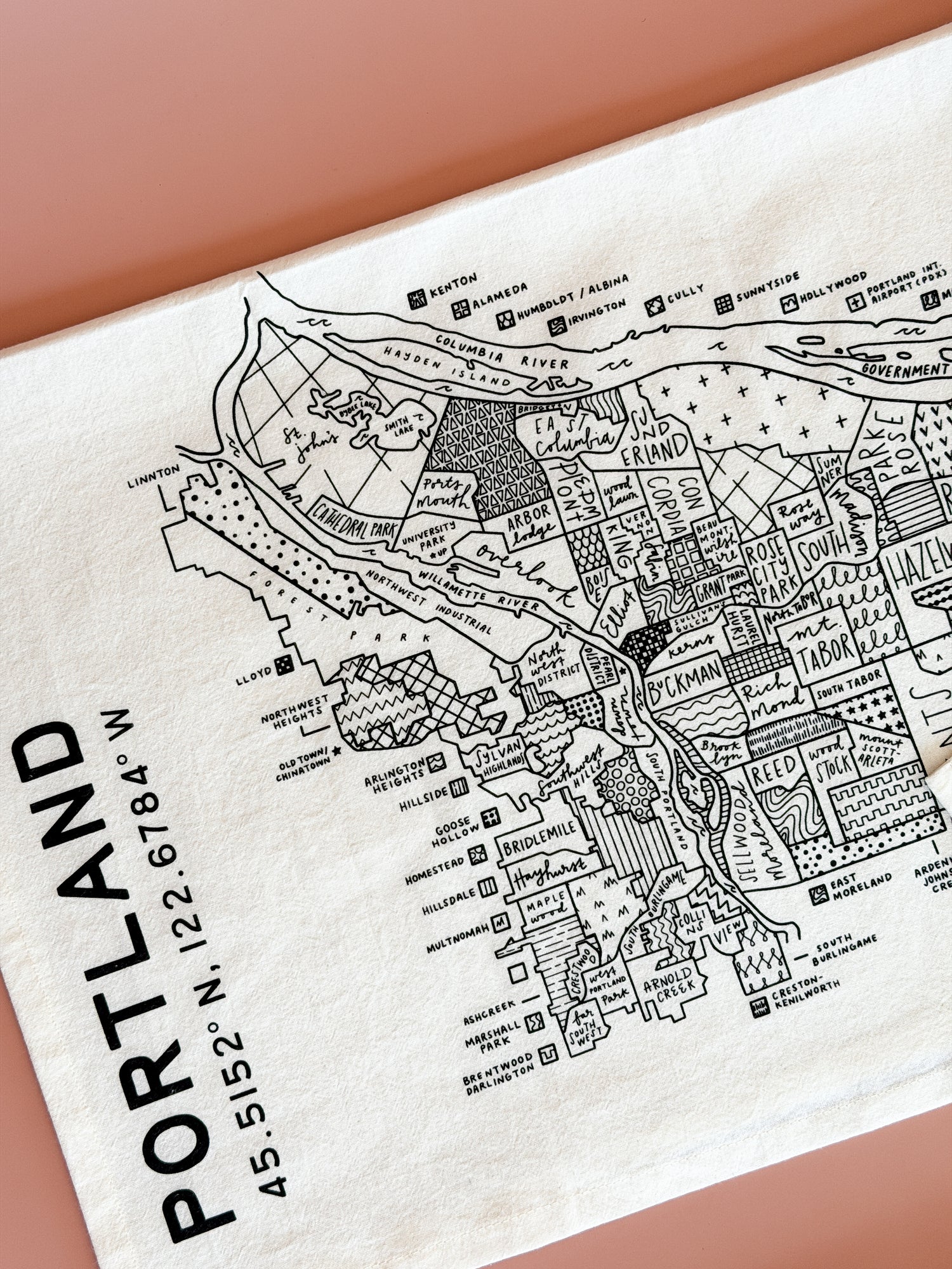 Illustrated Portland Oregon map tea towel featuring downtown neighborhoods and streets