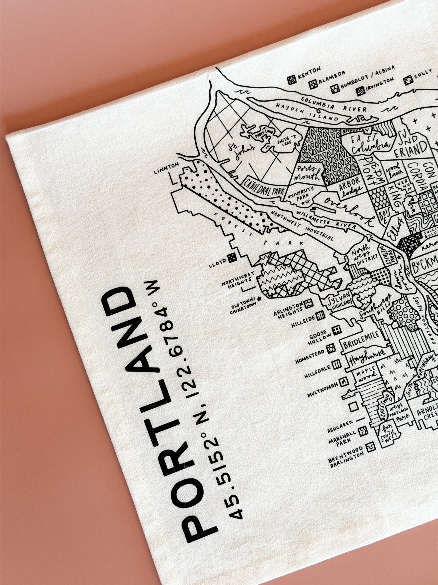 Portland Oregon souvenir tea towel with detailed hand-drawn neighborhood map art