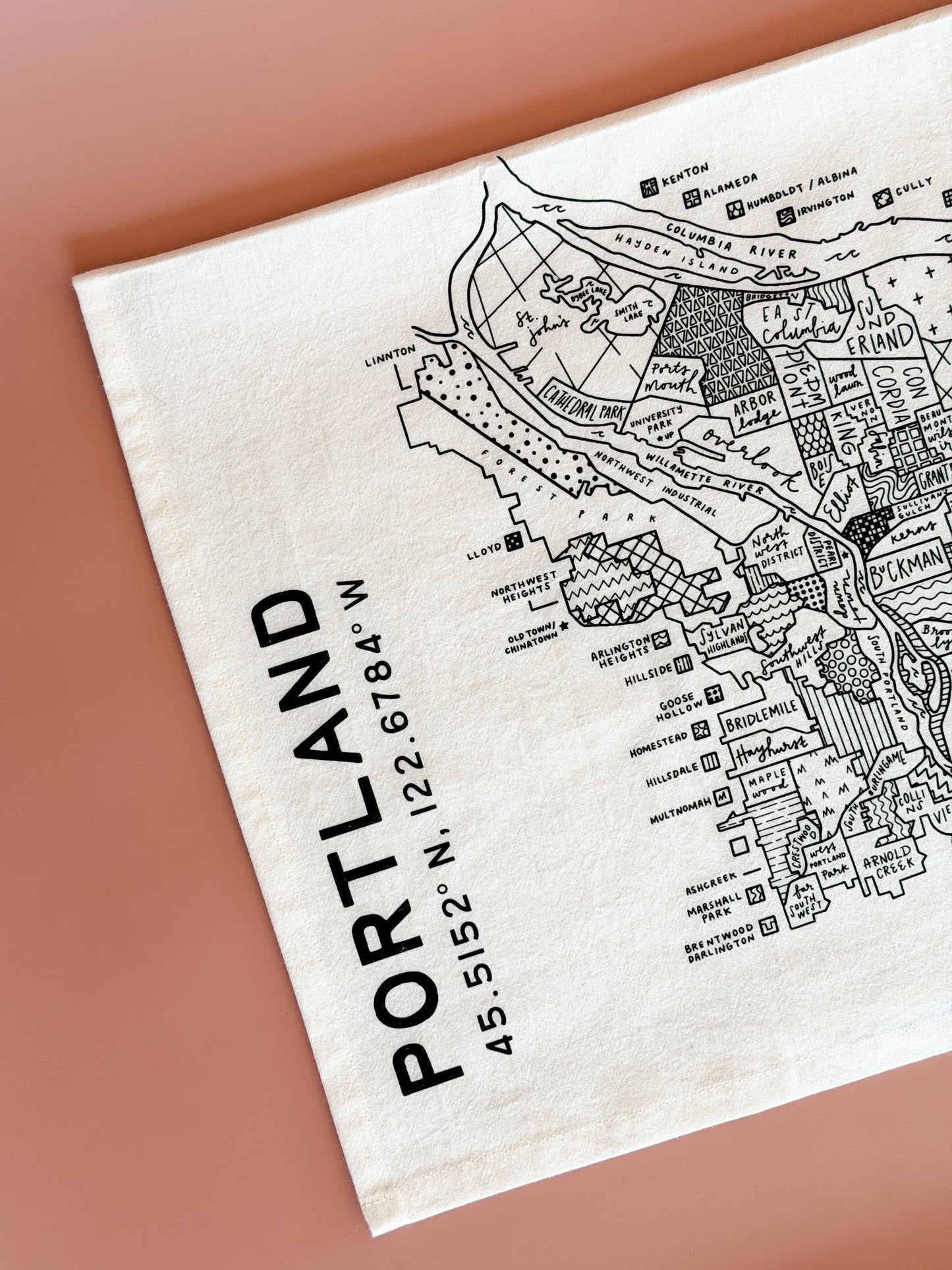Portland Oregon map tea towel featuring a hand-drawn neighborhood map illustration