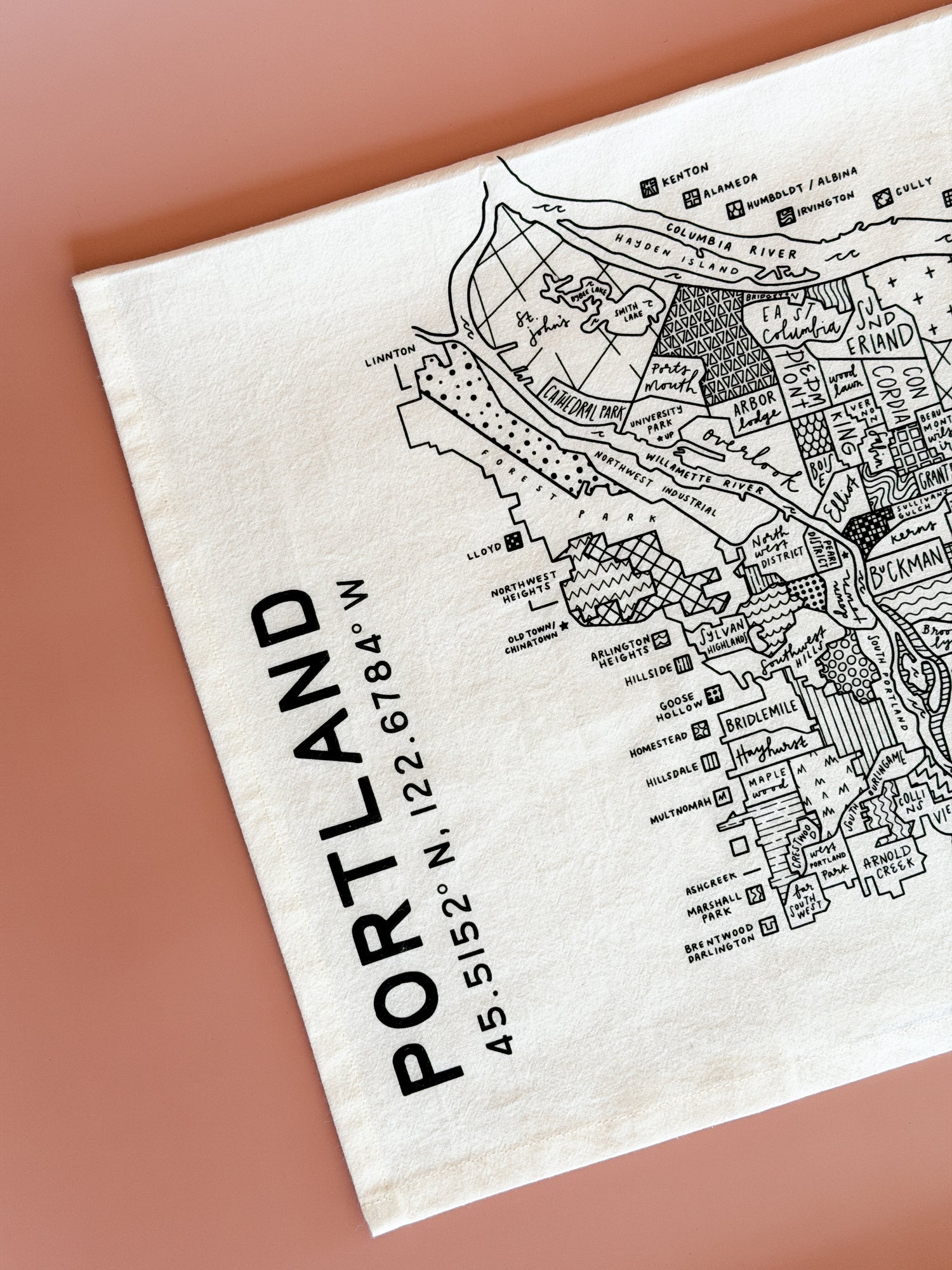 Portland Oregon map tea towel featuring a hand-drawn neighborhood map illustration