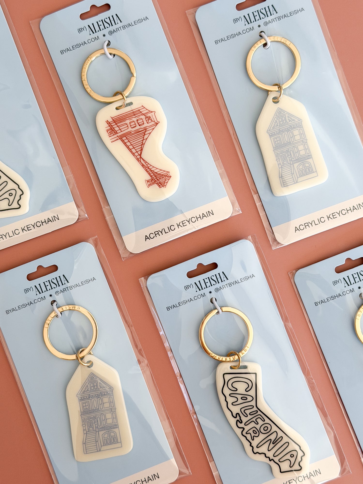 San Francisco and California acrylic keychains designed by a local artist