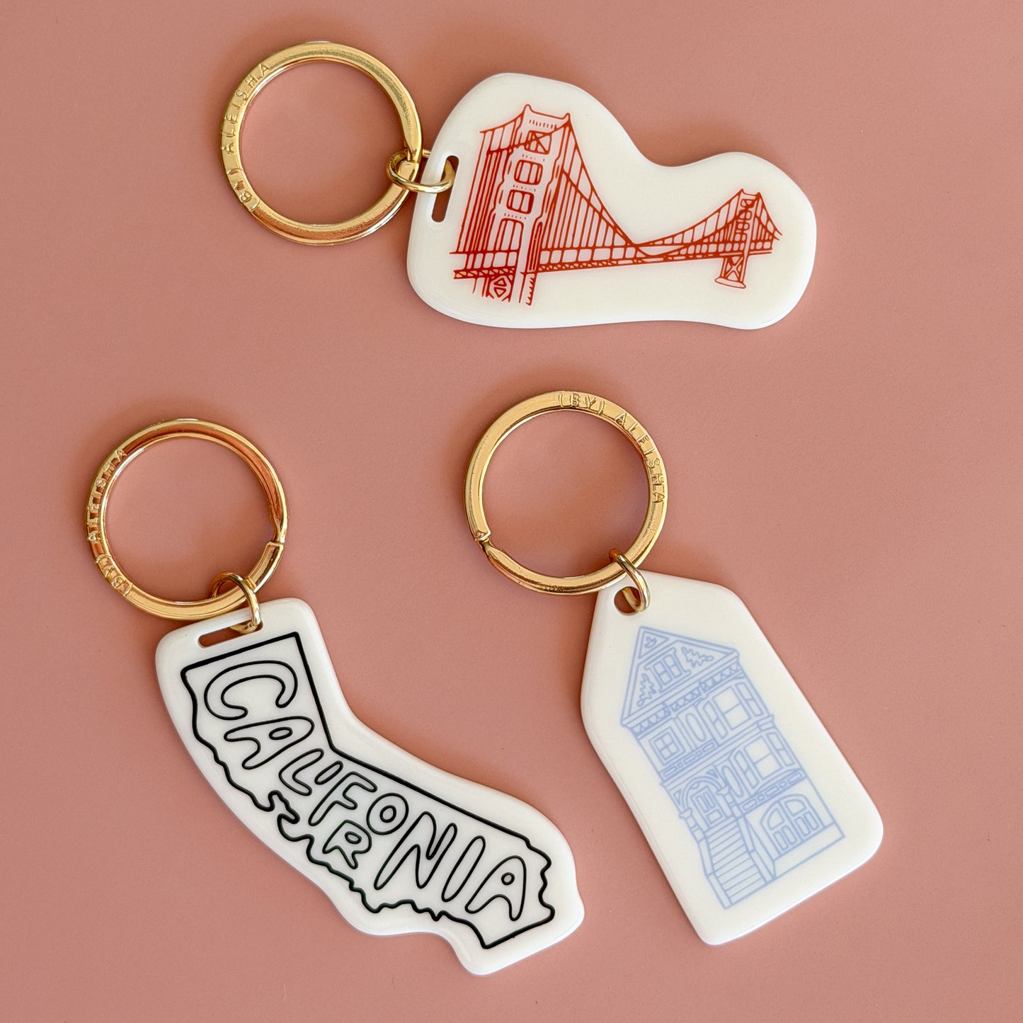 San Francisco souvenir keychains with California state outline design and golden gate bridge