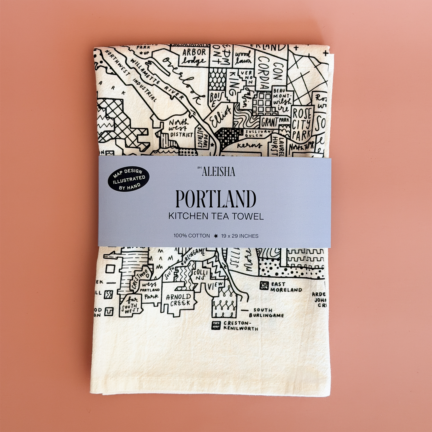 Portland Oregon neighborhood map tea towel with hand-illustrated city streets and landmarks