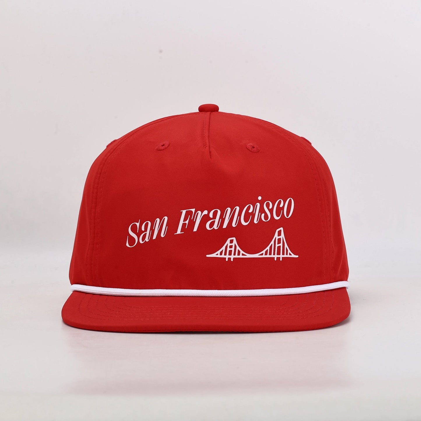 Red San Francisco rope hat with Golden Gate Bridge screen printed design