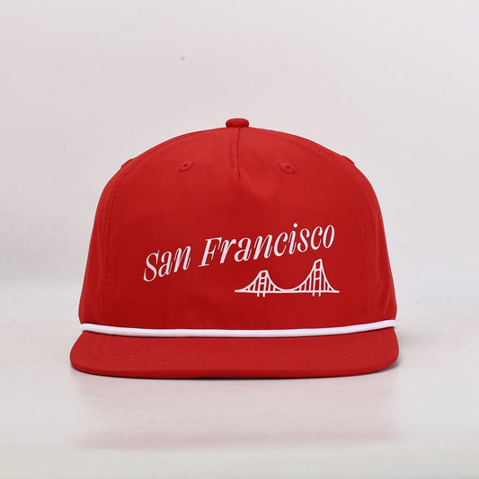 Red San Francisco rope hat with Golden Gate Bridge screen printed design