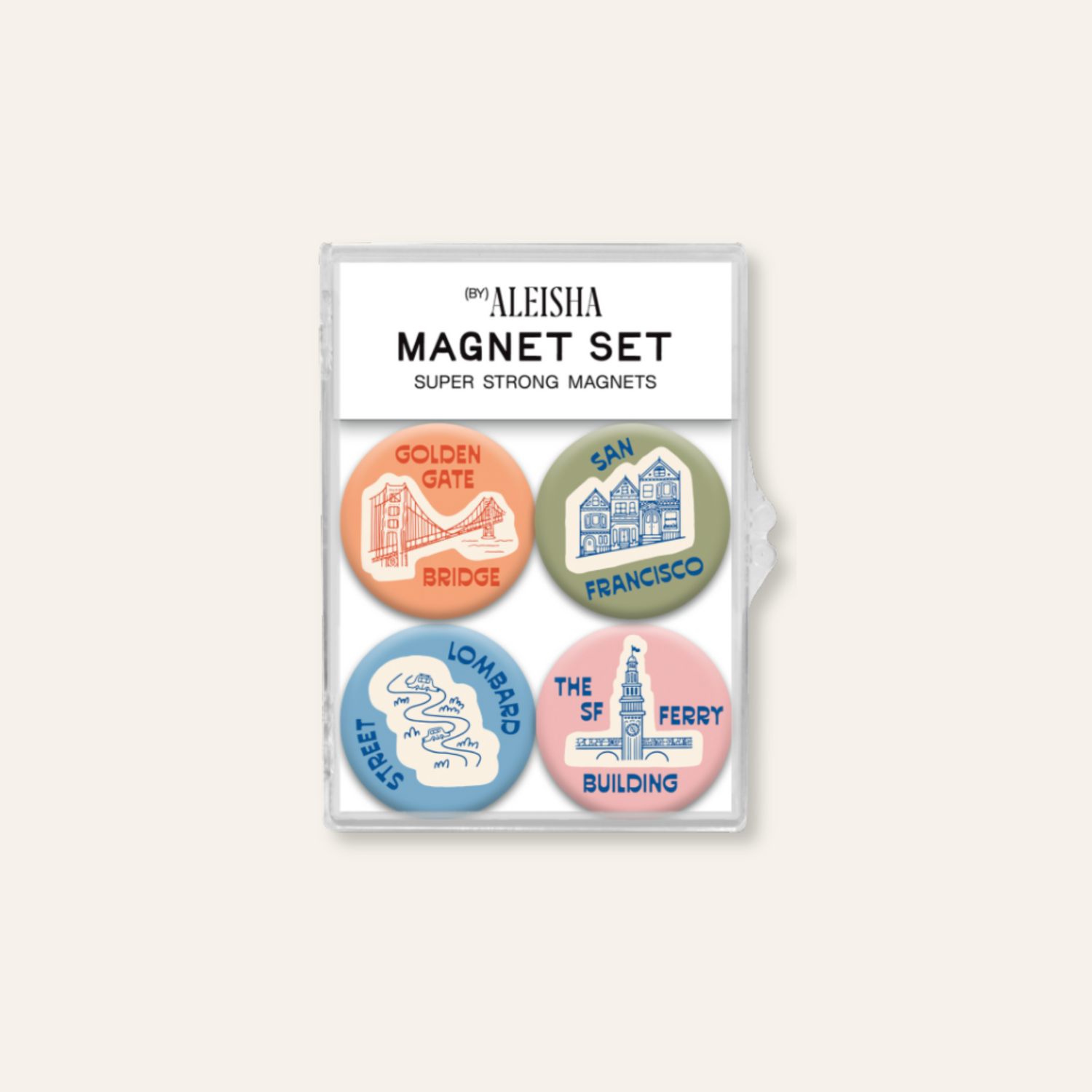 A 4-piece magnet set in a clear plastic sleeve with a white backing card. The magnets feature city and landmark designs: Golden Gate Bridge in orange, San Francisco Building in green, Los Angeles Ferry in blue, and The St.