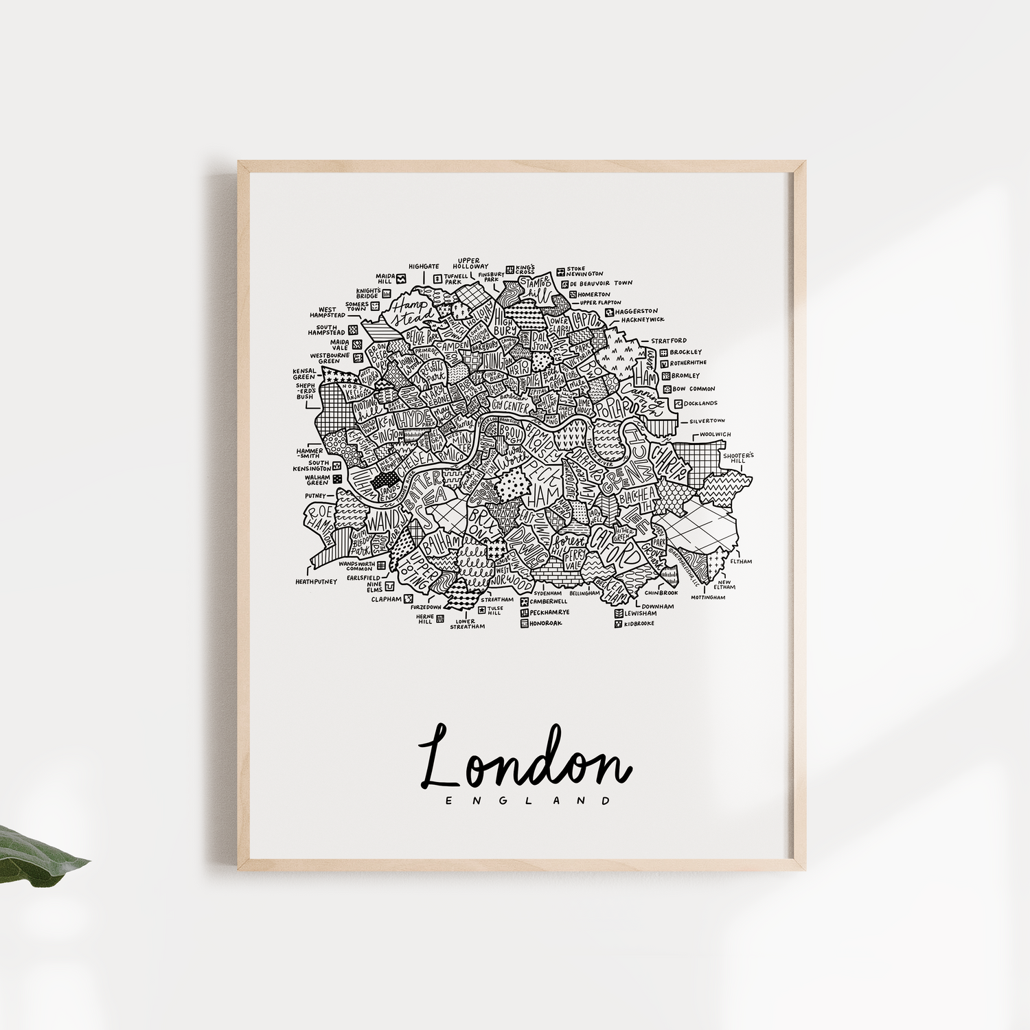 Black and white illustration of London, Englands various neighborhoods.