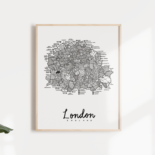 Black and white illustration of London, Englands various neighborhoods.