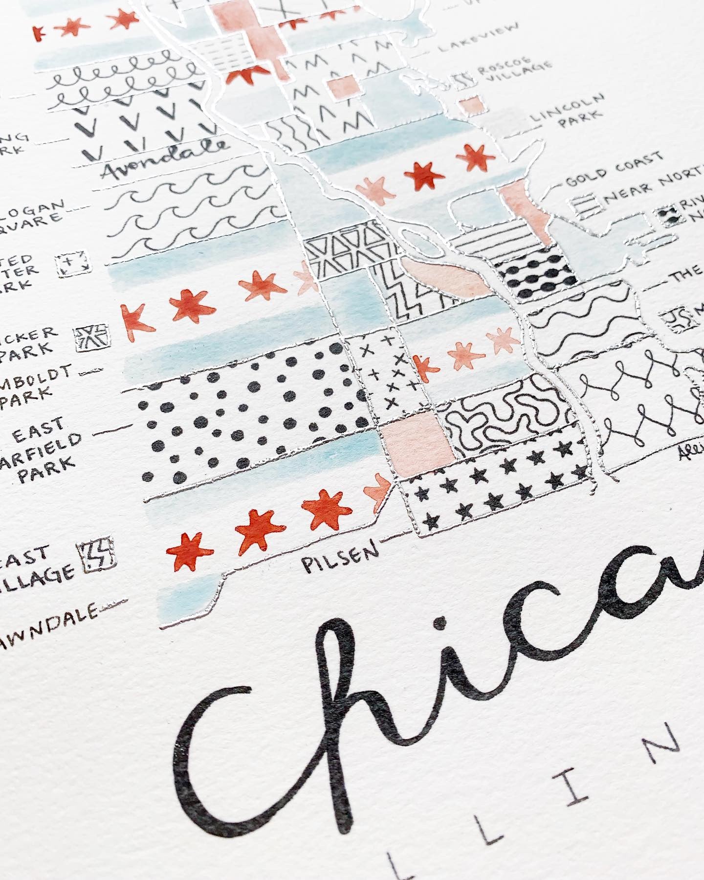 Hand Painted Chicago Neighborhood Map with Chicago Flag Pattern [LIMITED EDITION]
