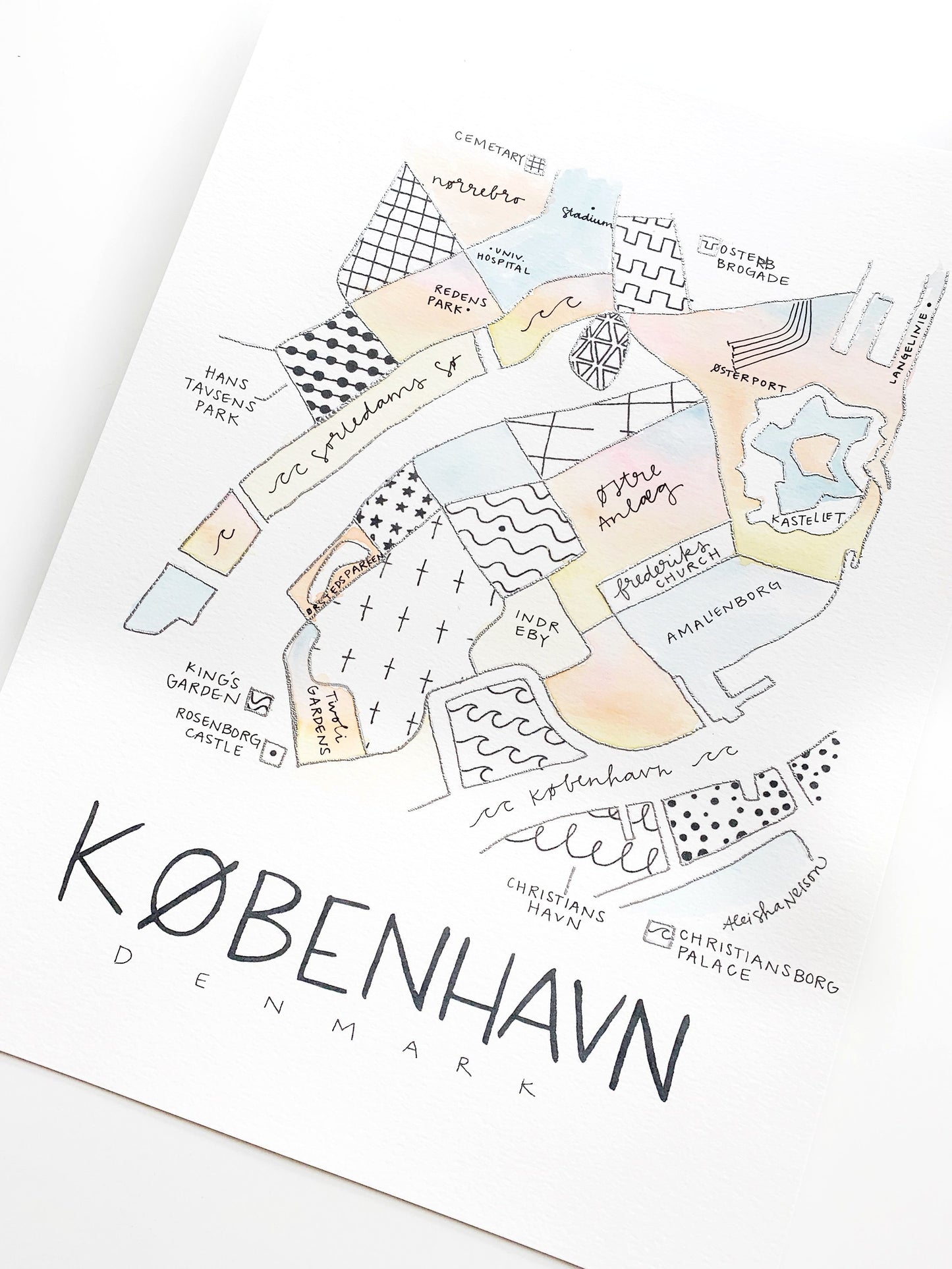 Hand Painted Copenhagen (Kobenhavn) Map