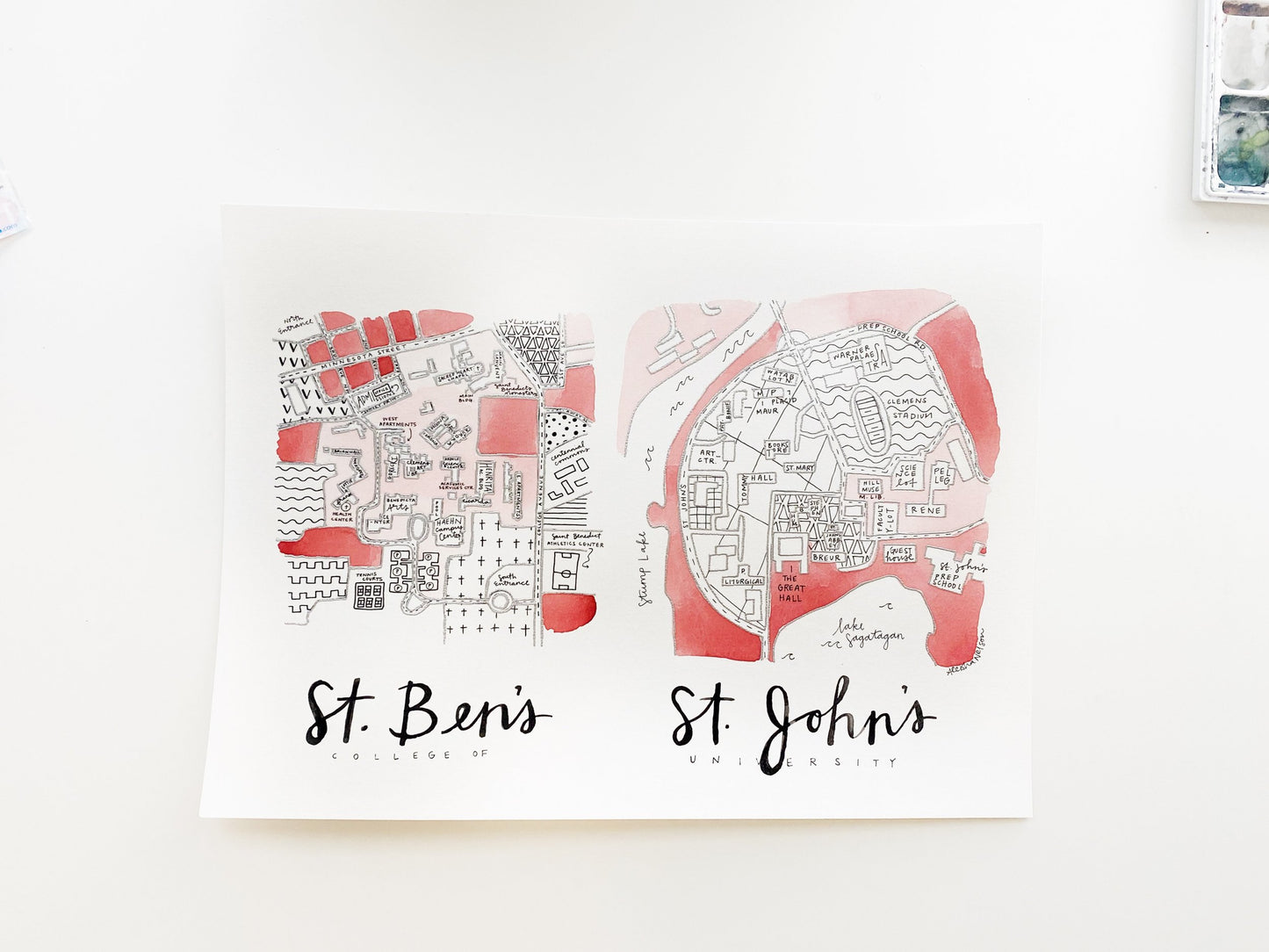 Hand Painted College of Saint Benedict + Saint John's University Joint Campus Map