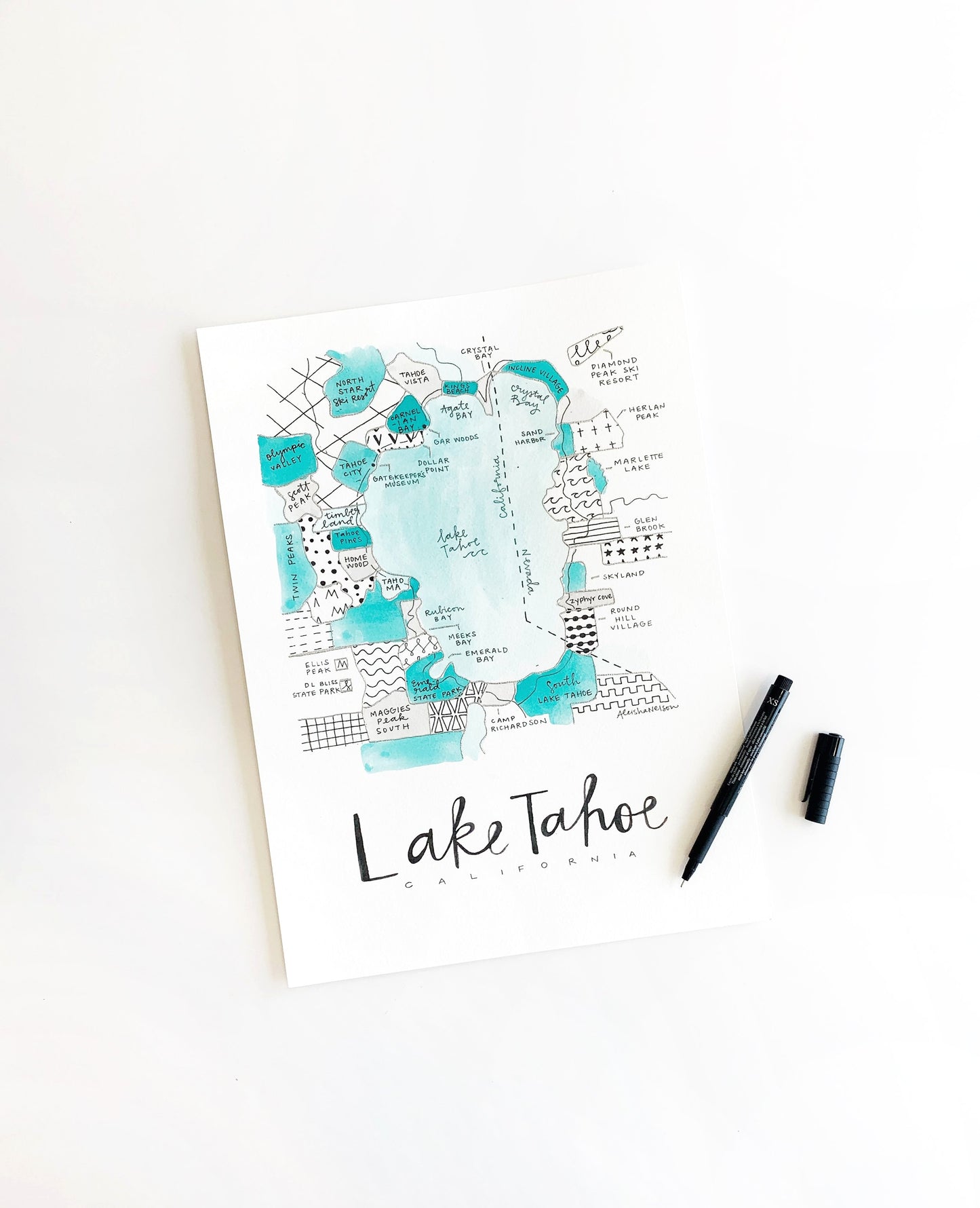 Hand Painted Lake Tahoe Map