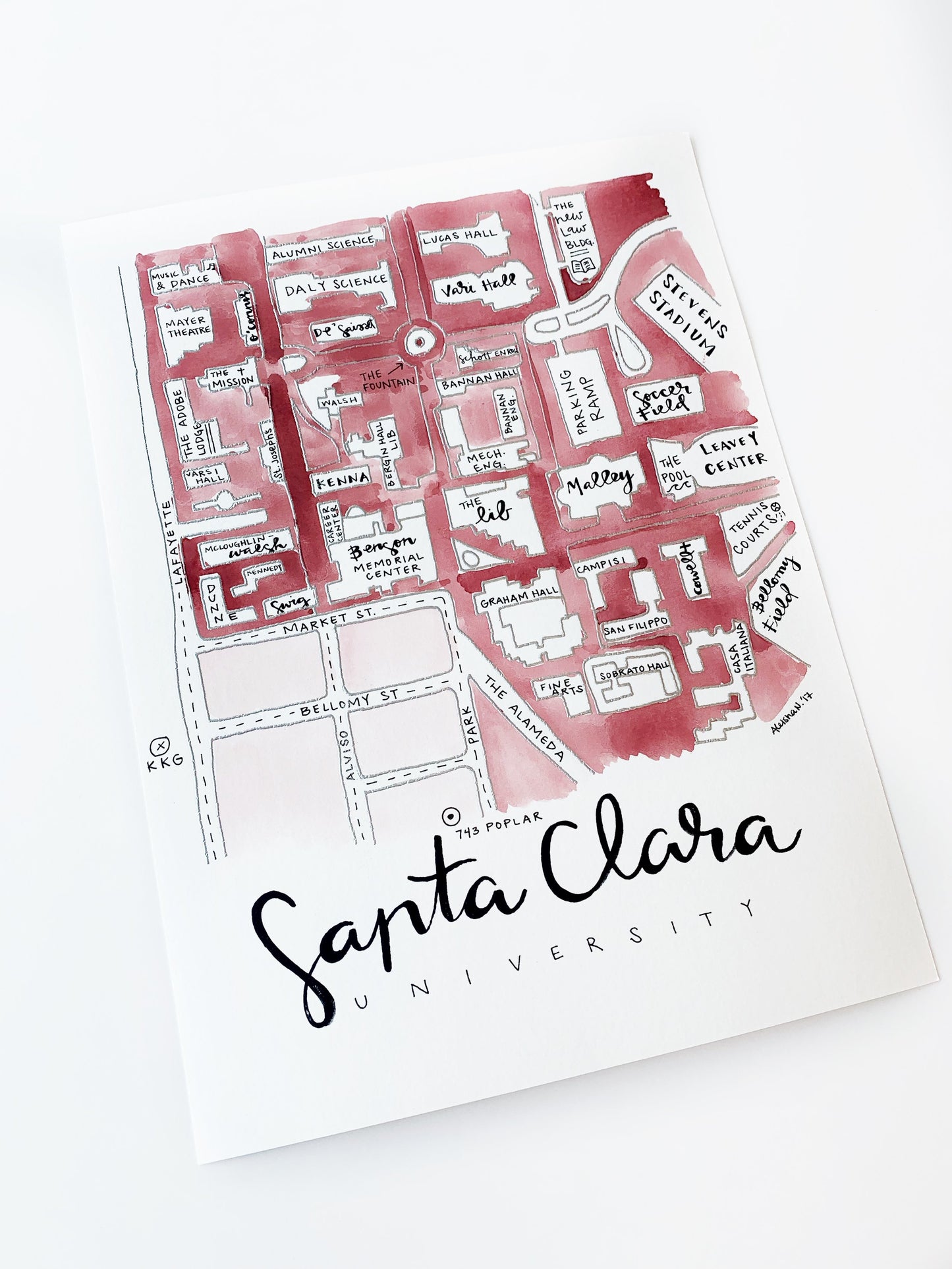 Hand Painted Santa Clara University Campus Map
