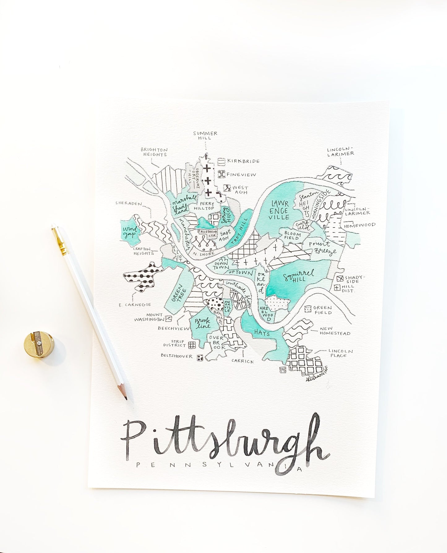Hand Painted Pittsburgh Map
