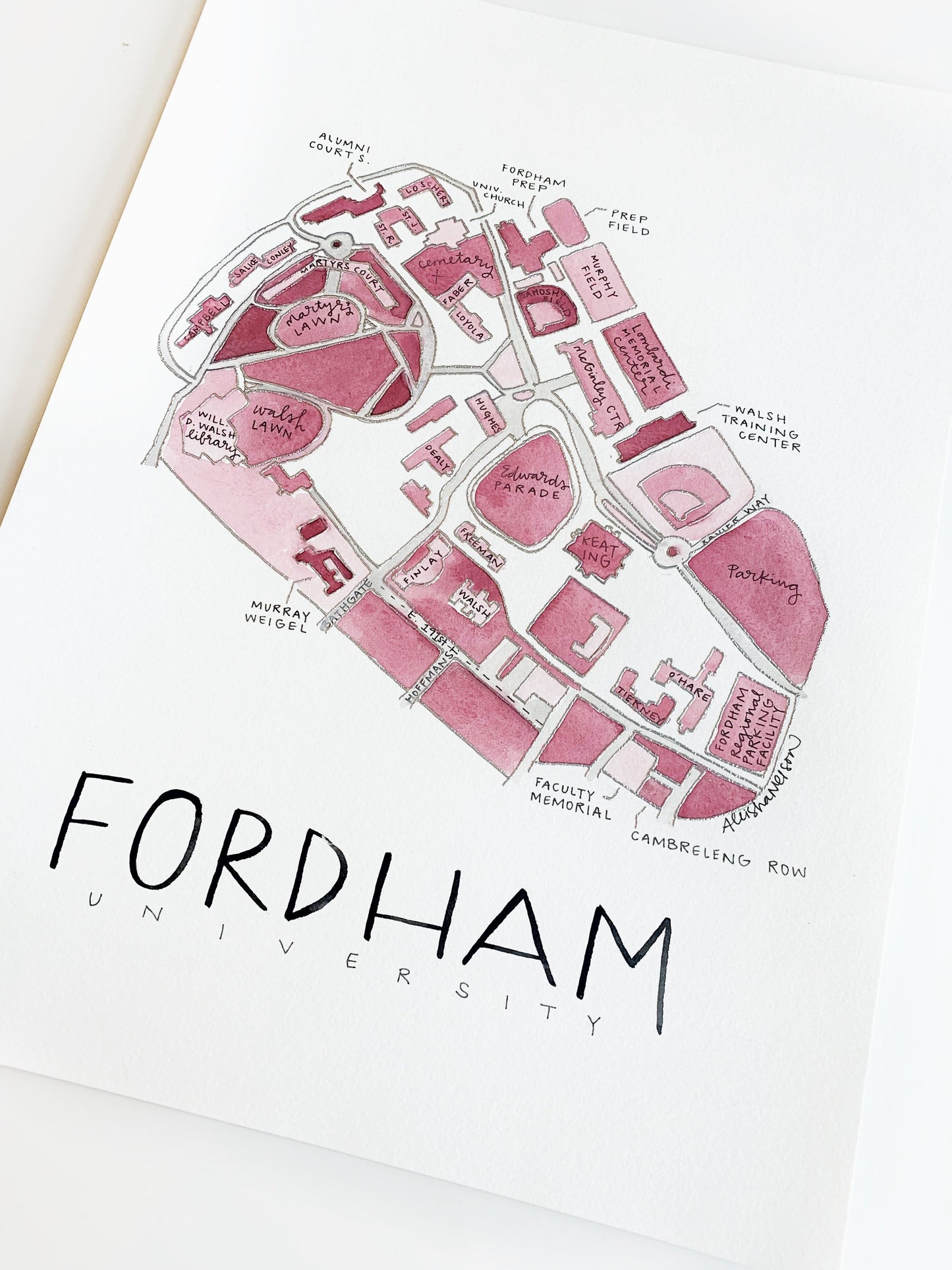 Hand Painted Fordham University Rose Hill Campus Map