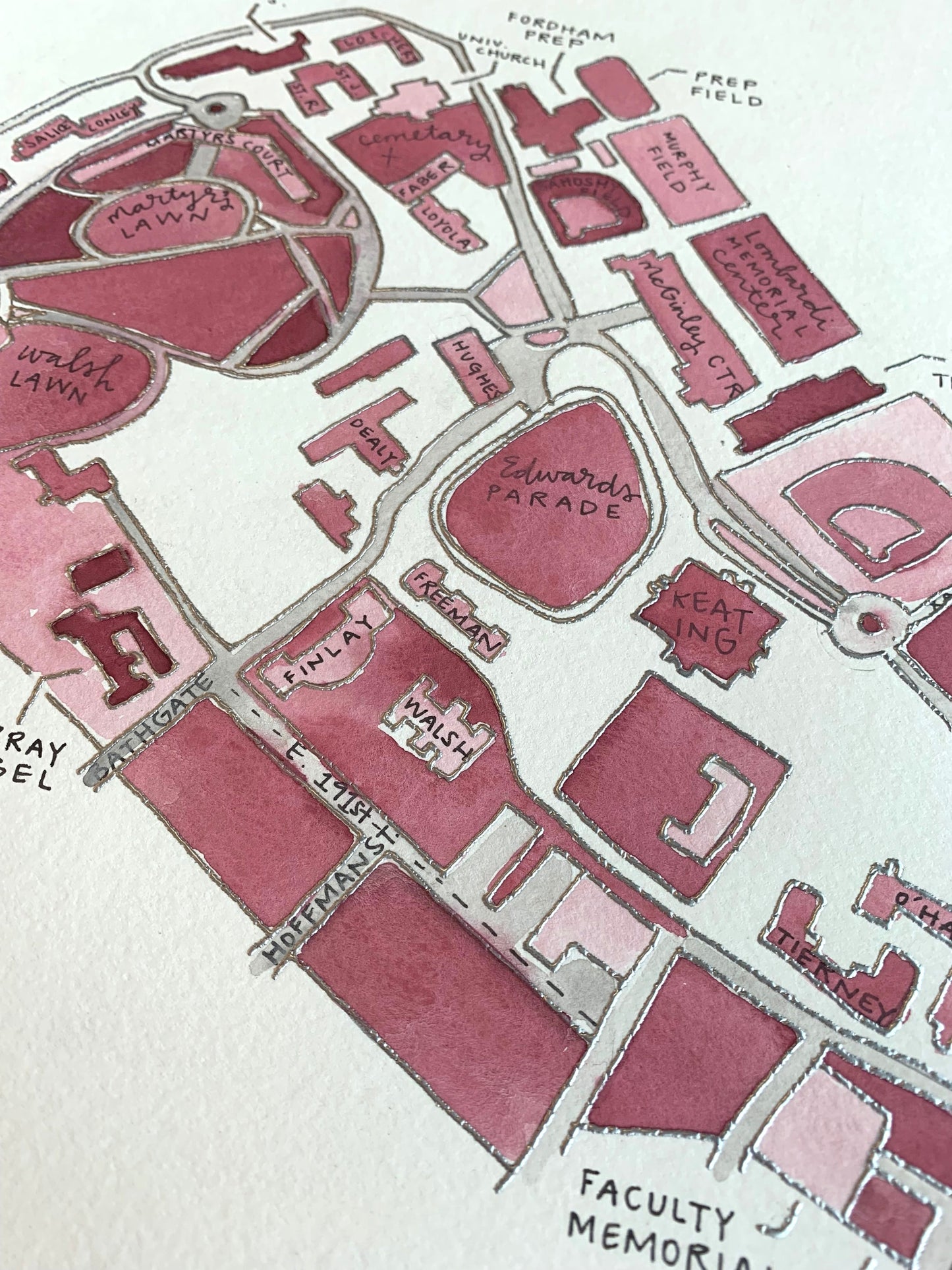 Hand Painted Fordham University Rose Hill Campus Map