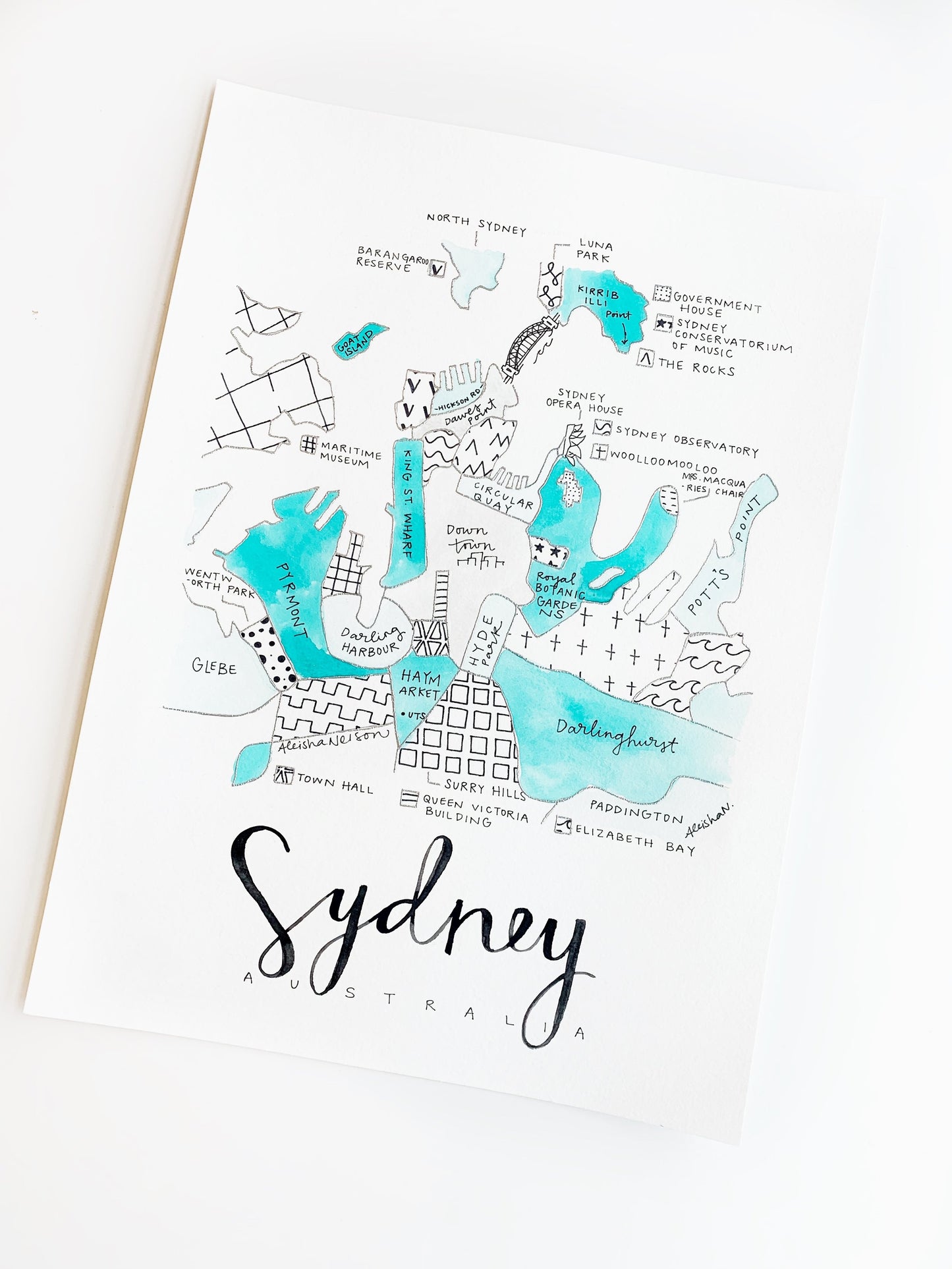Hand Painted Sydney, Australia Map