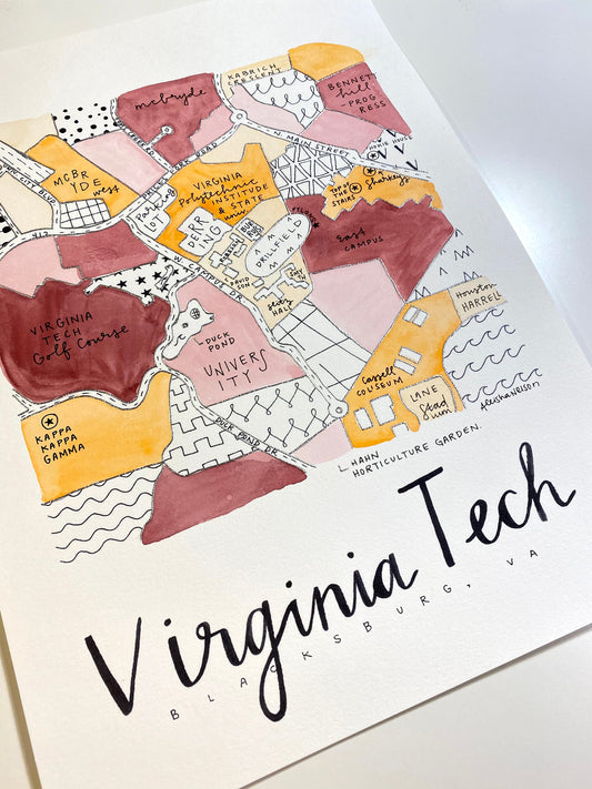 Hand Painted Virginia Tech Campus Map