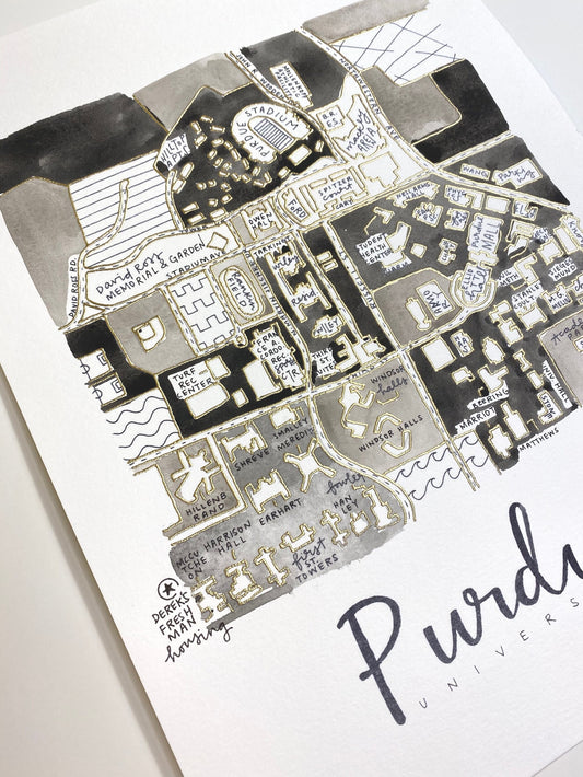 Hand Painted Purdue University Campus Map