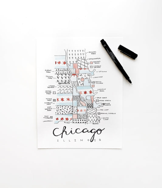 Hand Painted Chicago Neighborhood Map with Chicago Flag Pattern [LIMITED EDITION]